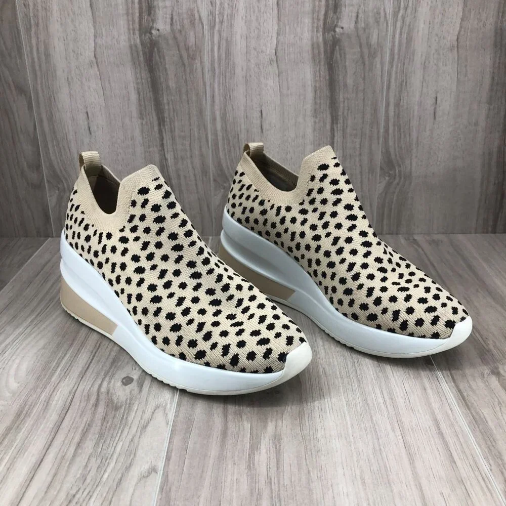 Gianni Bini Beige and Black Leopard Knit Slip-On Wedge Sneakers - Picture 3 of 11